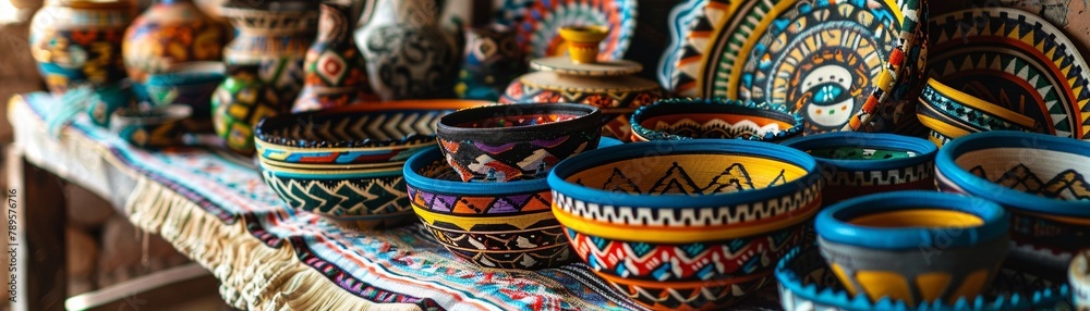 A collection of colorful bowls in various shapes and sizes sits on a wooden table, Local production of crafts, folk art style.