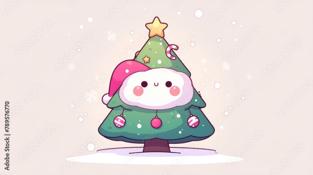 Illustrate a cute kawaii Christmas tree icon in a simple and stylish flat design Illustrate a cute kawaii Christmas tree icon in a simple and stylish flat design