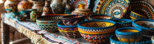 A collection of colorful bowls in various shapes and sizes sits on a wooden table, Local production of crafts, folk art style.
