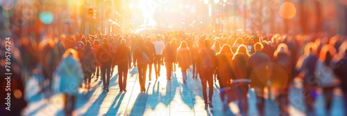 banner Bustling city street scene at sunset with crowds of people bathed in warm golden light Concept: urban life, busy street, golden hour, crowded scene. soft focus,defocus