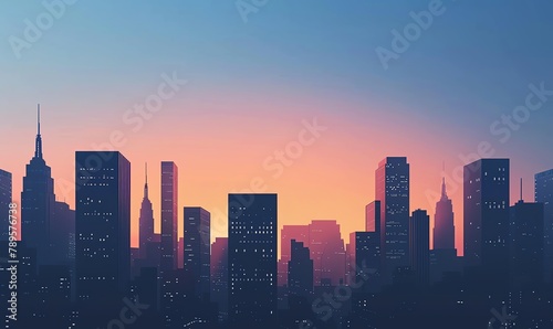 Illustrate a minimalist cityscape at dusk using sleek vector graphics  showcasing a few towering skyscrapers against a gradient evening sky