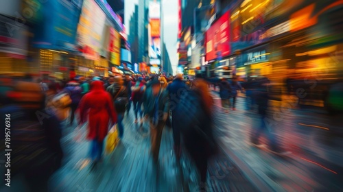 Blurred motion of a busy urban street scene with pedestrians and vivid city lights. Concept: city hustle, urban motion, vibrant streetscape, rainy city life. soft focus,defocus
