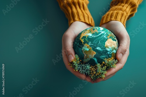 minimalistic design Many hands person holding the earth on a green background to protect nature