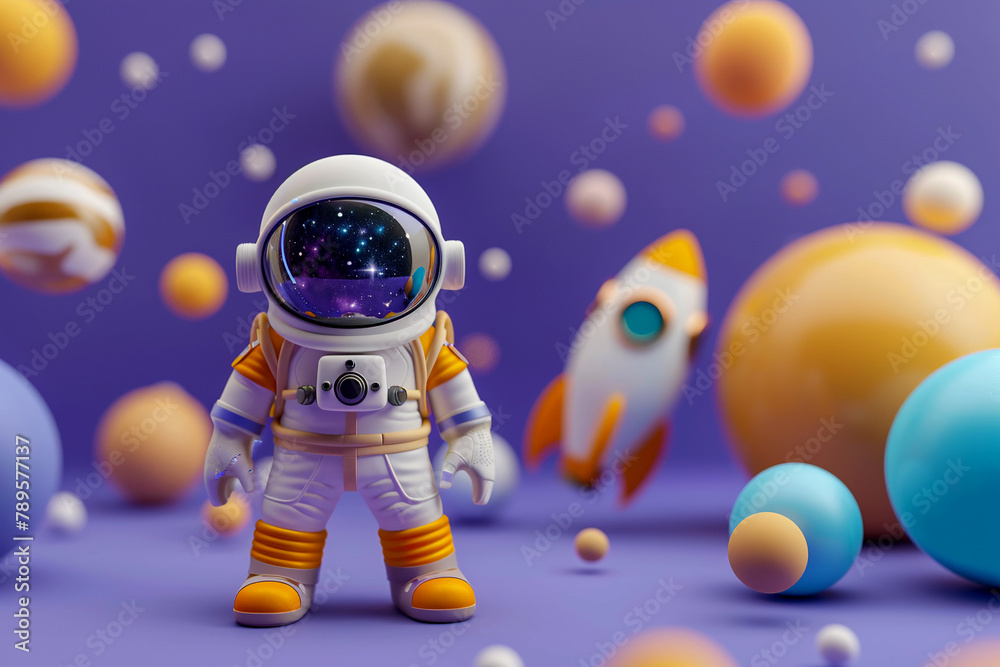 Astronaut stands next to the rocket in space with planets on a purple ...