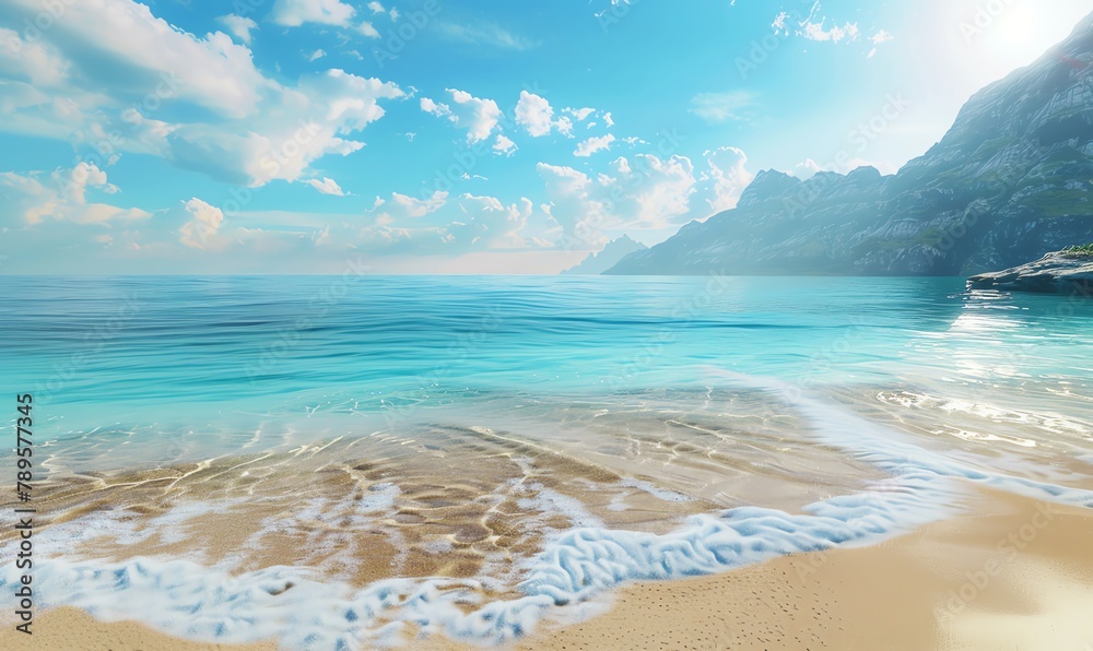 Illustrate a serene coastal landscape with crystal-clear waters and golden sands in a digital photorealistic rendering