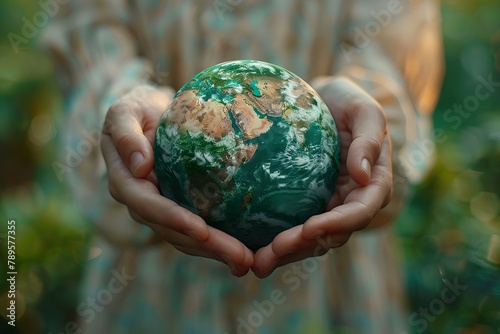minimalistic design Many hands person holding the earth on a green background to protect nature