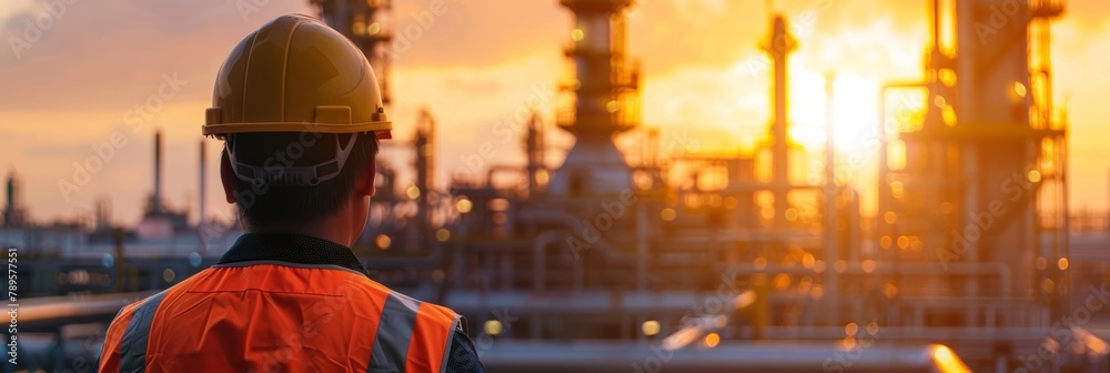 Operator monitoring operations with warm lighting in refinery