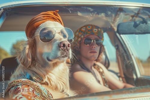 photo of dog and young man in car, both wearing aviator sunglasses with a turban hat on their heads, dressed as hippies from the sixties, sunny day, photorealistic, natural light, cinematic photo