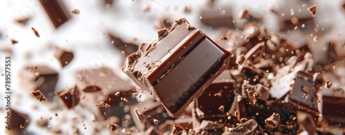 A close-up of a broken chocolate bar with scattered crumbs on a white surface.