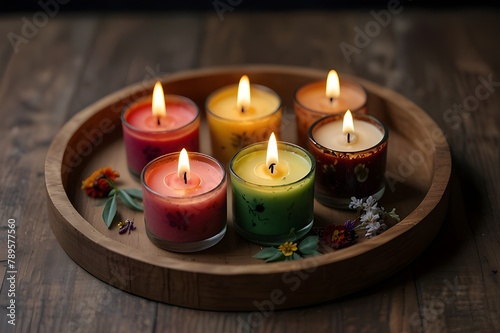 Spa massage environment including fragrant candles and lavender flowers set against a wooden backdrop. up close. Make a copy of the space Gorgeous Burning Decorative Candles