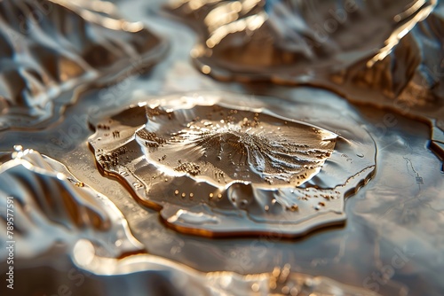 3D topographic map carved in precious metal, with the logo embedded as a landmark, representing luxury and heritage.