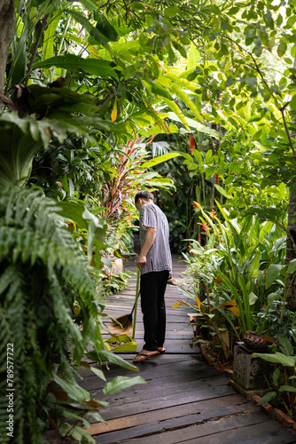 Person sweeping outdoors in a garden. photo