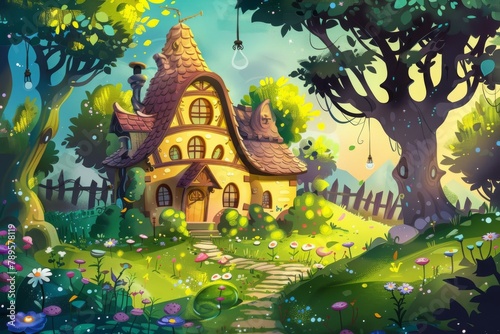 Vibrant cartoon fairy tale home with unique architecture  set against a sunny forest backdrop  radiating a sense of whimsy and charm