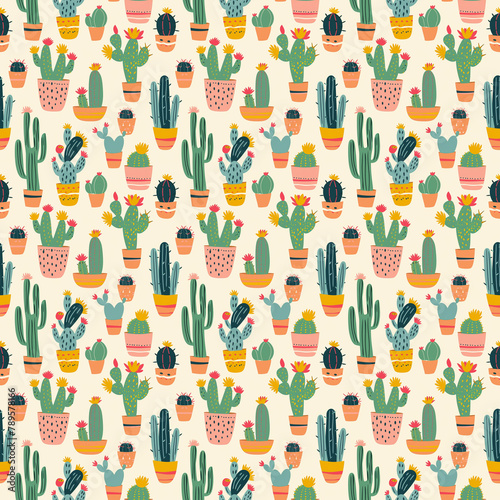 Pattern of different cacti, light colorful solid background, vector art