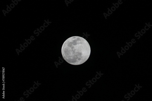 Luna llena de noche sobre el cielo oscuro y negro en la que se ven los cráteres photo