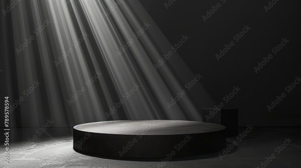 An elegant podium with a black color theme illuminated by sunlight from the side. An elegant podium with a black color theme illuminated by sunlight from the side.