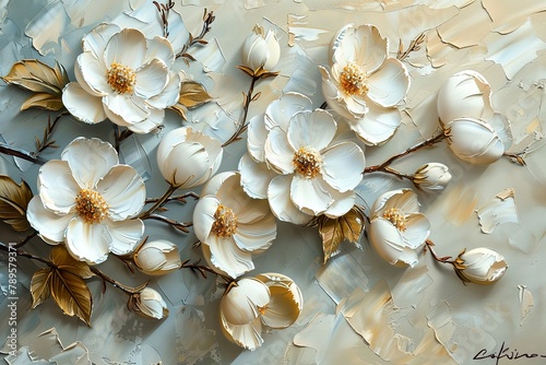Oil painting of white flowers on beige background, soft palette knife strokes in neutral tones © sisir