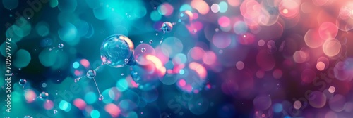 banner Vibrant wide image of microscopic particles or cells in a blue and pink bokeh effect, suggestive of biotechnology or scientific research. soft focus,defocus