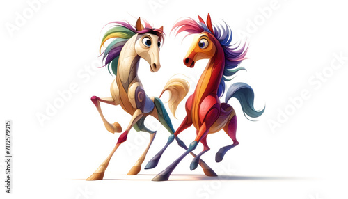 Whimsical horses with flowing multicoloured manes prance joyfully