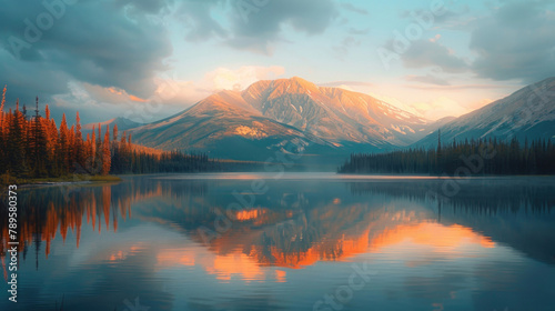 A tranquil mountain lake at sunrise #789580373