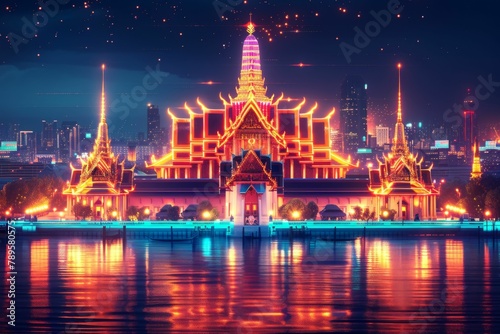 Neon Lit Grand Palace Bangkok Reflection at Night