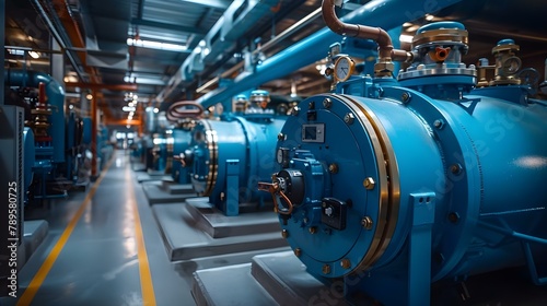 Modern Boiler Room Infrastructure in Cool Blue Hues. Concept Boiler Room Design, Blue Color Scheme, Modern Infrastructure