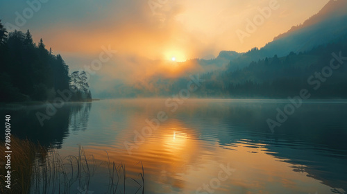 A tranquil mountain lake at sunrise