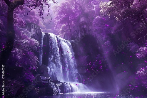   Cascading waterfalls amidst a mystical purple forest
