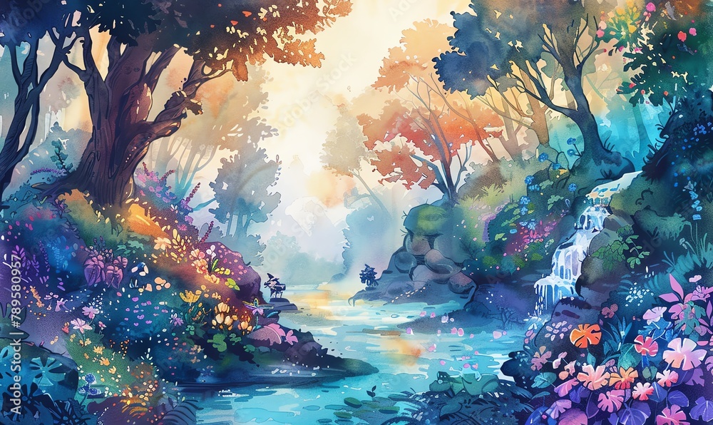 Illustrate a whimsical, tilted angle view of a enchanted forest in watercolor, featuring vibrant flora, mystical creatures, and sparkling streams to evoke a sense of wonder and magic