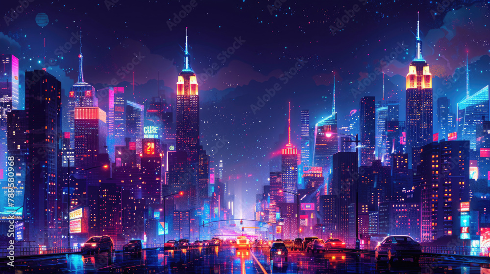 A bustling cityscape at night