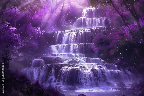 : Cascading waterfalls amidst a mystical purple forest