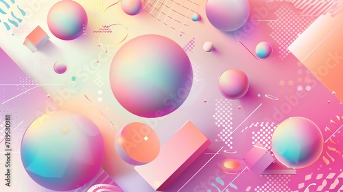 Abstract 3D rendering of geometric shapes. Pink and blue pastel color spheres and cubes on light pink background.