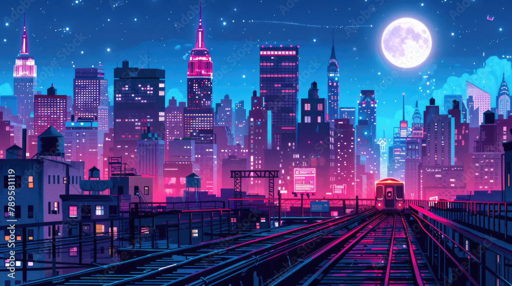 A bustling cityscape at night
