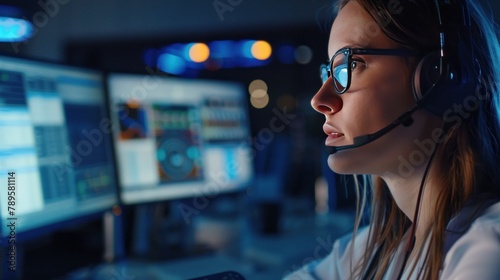 Confident Female Data Scientist Works on Personal Computer Wearing a Headset in Big Infrastructure Control and Monitoring Room. Woman Engineer in a Call Center Office Room with Colleagues