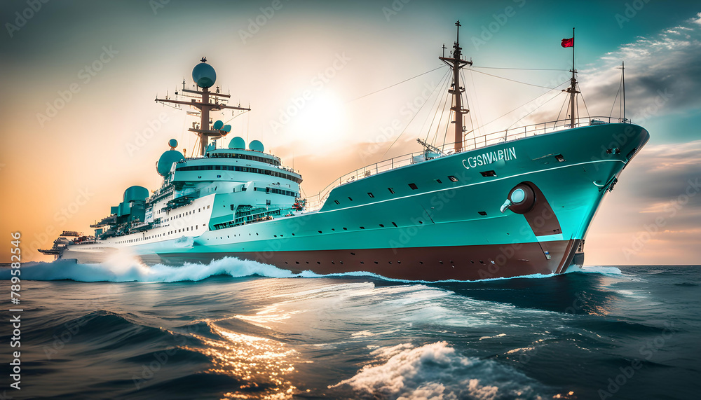 research ship explores, a huge ship with scientific instruments, a bright setting sun, turquoise sea and waves in the background of the ship,