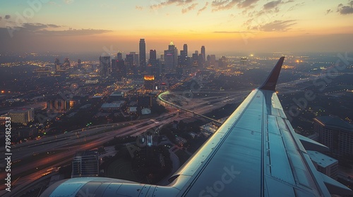 Airplane Wings: A photo of an airplane wing with the city skyline in the background