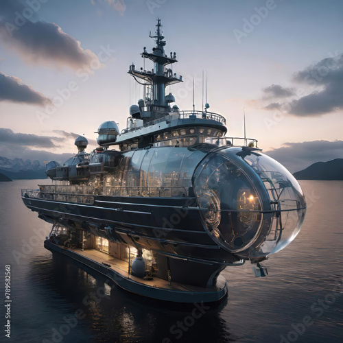 research ship explores, a huge ship with scientific instruments, a bright setting sun, turquoise sea and waves in the background of the ship,