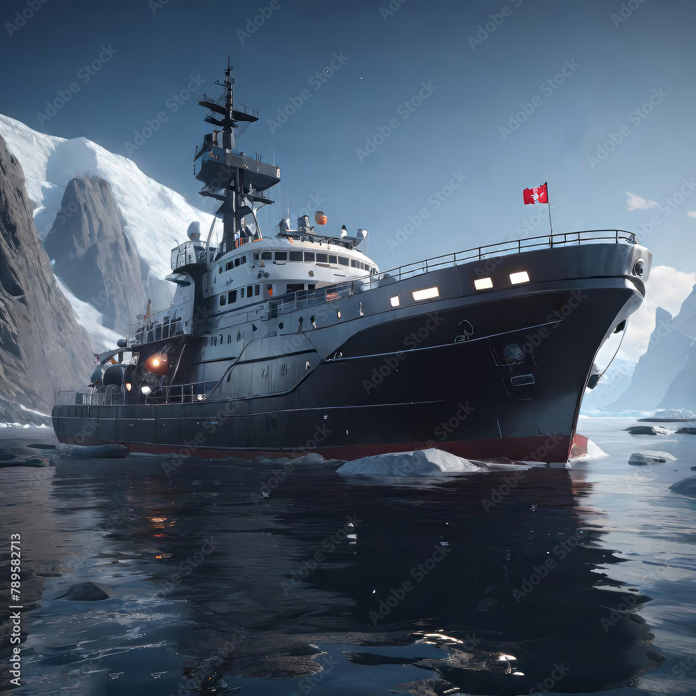 research ship explores, a huge ship with scientific instruments, a bright setting sun, turquoise sea and waves in the background of the ship, research ship explores, a huge ship with scientific instruments, a bright setting sun, turquoise sea and waves in the background of the ship,