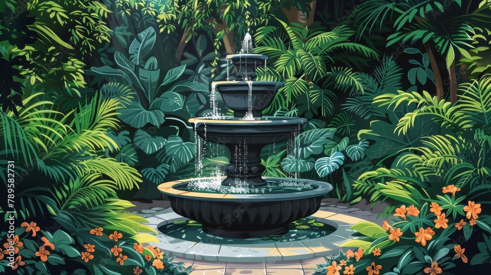 An illustration of a peaceful meditation garden with a tranquil fountain An illustration of a peaceful meditation garden with a tranquil fountain