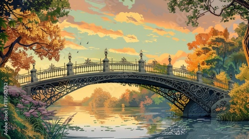 An illustration of a picturesque bridge with intricate ironwork and leafy vines weaving through its railings photo