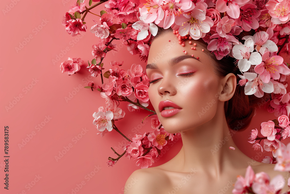 Cherry blossoms framing a serene woman's face Cherry blossoms framing a serene woman's face