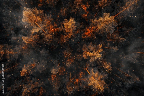 Burning forest view from above. Environmental problem, fire in the forest. Smoking area of trees in nature, view from a drone photo