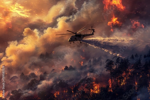 A helicopter in the air extinguishes a fire in the forest. Pouring water on a fire from the air. Professional fire extinguishing in nature. Emergency situation, environmental disaster