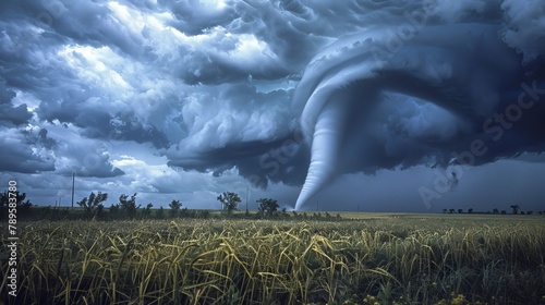 Extreme Weather: A photo of a tornado forming over a field during a thunderstorm
