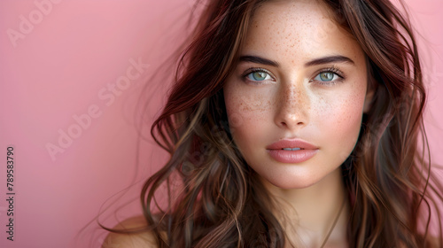 Portrait of beautiful young woman with freckles and natural makeup on pink background. Copy space