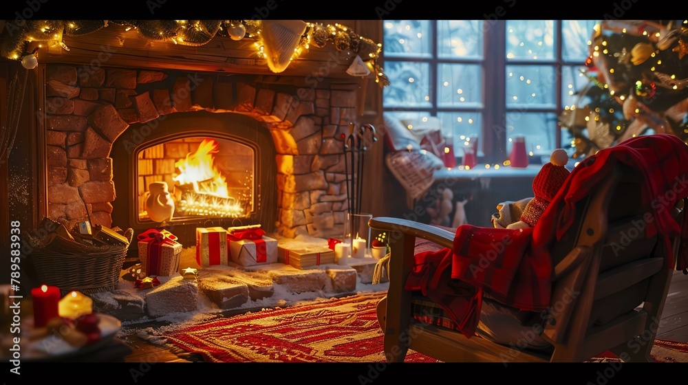 A cozy living room with a fireplace, Christmas tree, and presents. The warm glow of the fire and the twinkling lights create a festive atmosphere.