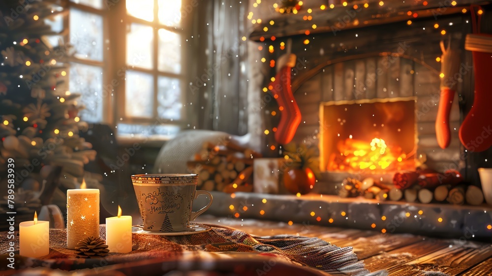 A cozy living room with a fireplace, Christmas tree, and presents. There is a cup of coffee and two candles on the floor in front of the fireplace.