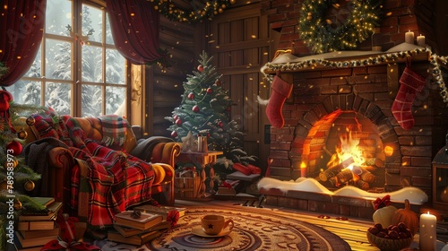 A cozy living room with a fireplace, Christmas tree, and presents.