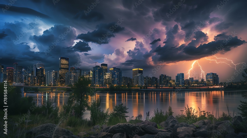 A dramatic cityscape with a river in the foreground and a stormy sky with lightning bolts in the background.