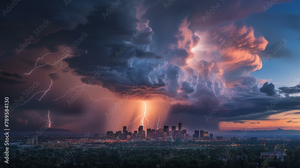 A dramatic cityscape of a thunderstorm over a major city. The dark clouds and bright lightning bolts create a sense of danger and excitement.